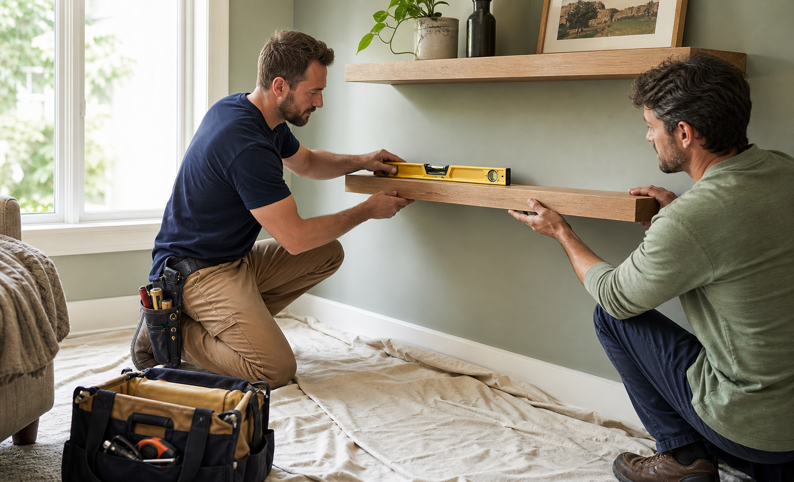 Two handymen carefully leveling a wooden shelf in a protected work area